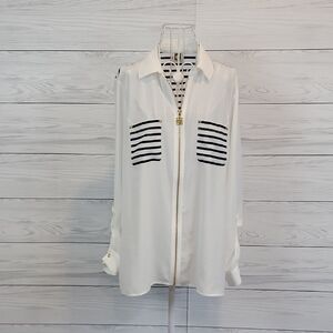 Ann Klein White Zip-Front Sheer Blouse with Black Striped Pockets Womens Size L